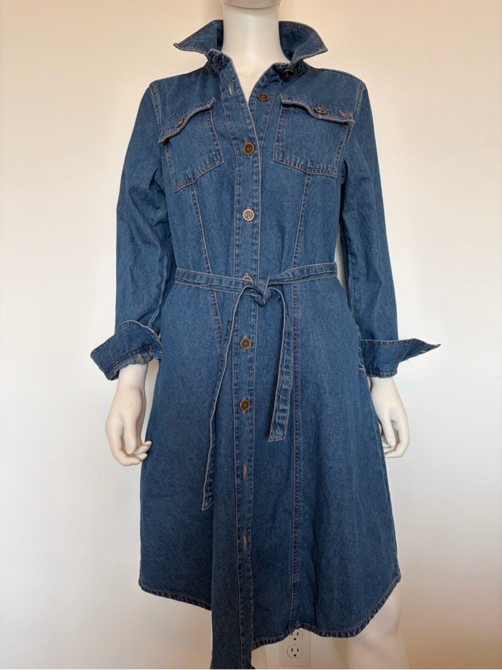 #582 Frye Blue Denim Button-Front Shirt Dress with Waist Tie - Picture 4 of 12